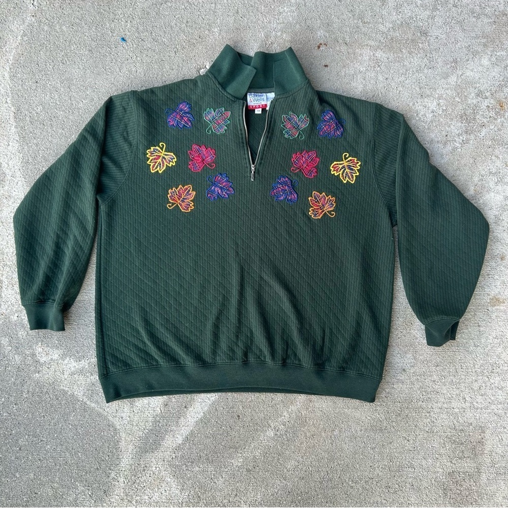 90s Baxter & Wells 1X Embroidered Plaid Leaf Quarter Zip Sweatshirt